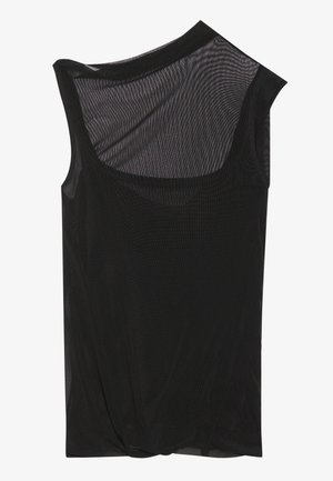 Fekete hálós ujjatlan felső aszimmetrikus kivágással, puha tapintással és redőzött részlettel az alján. Könnyű és átlátszó anyag.