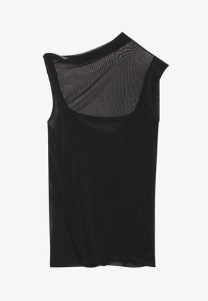 Czarny siateczkowy top bez rękawów z asymetrycznym dekoltem, miękką teksturą i oplecionym detalem u dołu. Lekki i przezroczysty materiał.