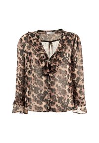Blusa trasparente con stampa leopardata in tonalità di marrone e nero. Caratterizzata da un colletto arricciato, chiusura con bottoni e maniche lunghe con polsini svasati.