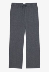 Mörkgrå rak ben-byxor i sweatmaterial med elastiskt midjeband, snörning och sidofickor, utlagda platt på en vit bakgrund.