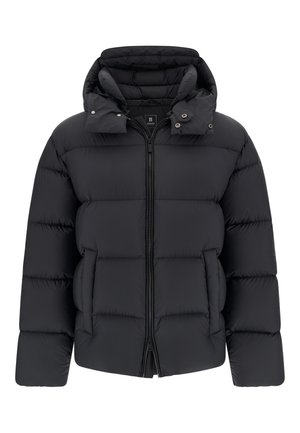 Czarna kurtka puchowa z zamkiem z przodu, oversize'owym kapturem, pikowanym wzorem i elastycznymi mankietami. Posiada boczne kieszenie i lekką izolację.