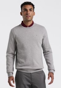 Grijze sweatshirt met een ronde hals, voorzien van een bordeauxrode kraag en een klein geborduurd logo op de linkerkant van de borst. Zachte textuur, lange mouwen.