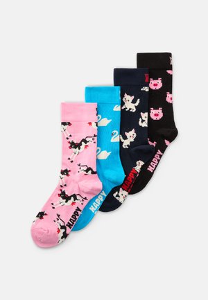 Four pairs of socks: pink with dogs, blue with swans, navy with cats, and black with pigs. Each has vibrant colors and playful patterns.