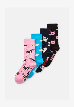 Quattro paia di calze: rosa con cani, blu con cigni, blu scuro con gatti e nere con maiali. Ognuna ha colori vivaci e motivi giocosi.
