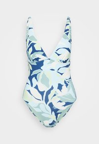 Maillot de bain une pièce avec un motif floral. Les couleurs incluent des nuances de bleu, vert et blanc. Conception à encolure en V avec des bretelles larges et une texture douce.