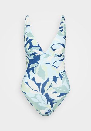 Costume intero con motivo floreale. I colori includono tonalità di blu, verde e bianco. Design a V con spalline larghe e tessuto morbido.