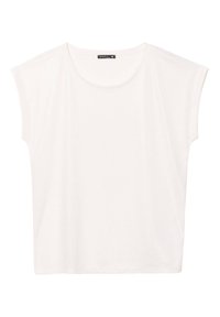 T-shirt bianca a maniche corte con scollo rotondo e vestibilità comoda, realizzata in un tessuto leggero e liscio, priva di motivi o dettagli visibili.