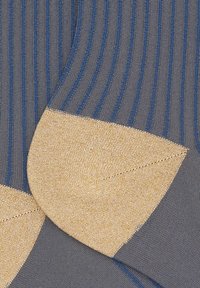 Calzini grigi con strisce verticali blu e punta e tacco dorati. La trama appare liscia con una lieve lucentezza sulle parti dorate.