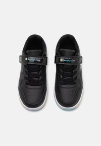 Black synthetic sneakers featuring a velcro strap, round toe, decorative stitching, and a multi-colored outsole.