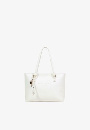 Sac fourre-tout blanc avec longues poignées, logo embossé "LIU JO MILANO", et petit pendentif suspendu avec un cadenas et une étiquette.