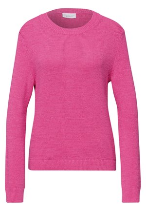 Jasnoróżowy sweter z długim rękawem, wykonany z dzianiny, z okrągłym dekoltem oraz ściągaczami na mankietach i dole, prezentowany na białym tle.