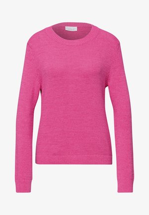 Jasnoróżowy sweter z długim rękawem, wykonany z dzianiny, z okrągłym dekoltem oraz ściągaczami na mankietach i dole, prezentowany na białym tle.