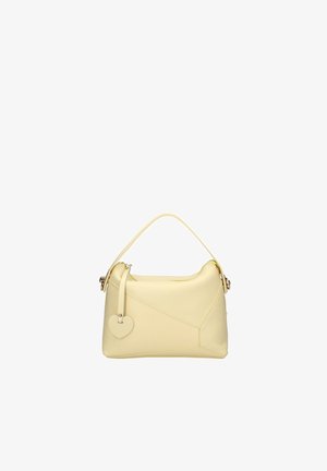 Borsa in pelle giallo chiaro con tracolla singola e targhetta in pelle a forma di cuore, cuciture geometriche sui pannelli e ferrature dorate sui lati.