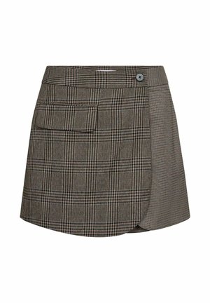Brown and black plaid wrap skirt with a front button and flap pocket detail, featuring a rounded hem on one side.