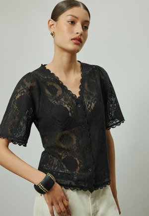 Next, REGULAR FIT - LACE V-NECK SHORT SLEEVE TOP - Blouse - black
