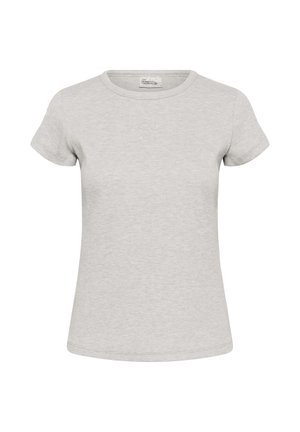 Svijetlosiva ženska majica kratkih rukava s rebrastim pamukom, okruglim izrezom i suptilnim izvezenim logotipom na sredini prsa.