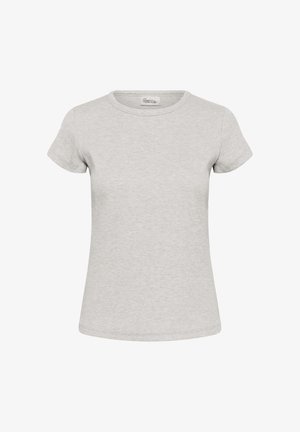 Svijetlosiva ženska majica kratkih rukava s rebrastim pamukom, okruglim izrezom i suptilnim izvezenim logotipom na sredini prsa.