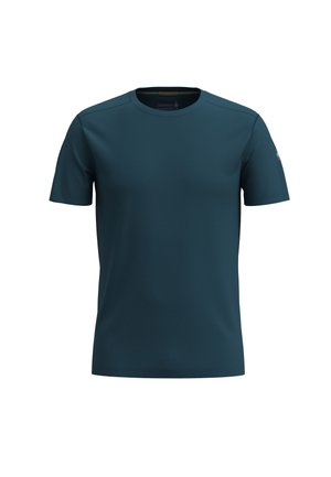 Tričko s krátkým rukávem v tmavě modré látce, s kulatým výstřihem, hladkou texturou a minimalistickým designem bez viditelných vzorů.