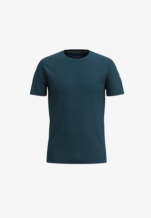 Kurzarm-T-Shirt aus dunkelblauem Stoff mit rundem Halsausschnitt, glatter Textur und minimalistischem Design ohne sichtbare Muster.