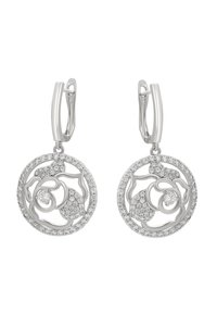 Sølvøreringe med intrikate rose-design, prydet med glitrende zirconia-accenter. Letvægts og polerede med en glat finish.