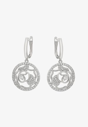 Orecchini a cerchio in argento con un intricato design a rosa, impreziositi da brillanti accenti in zirconia. Leggeri e lucidati con una finitura liscia.