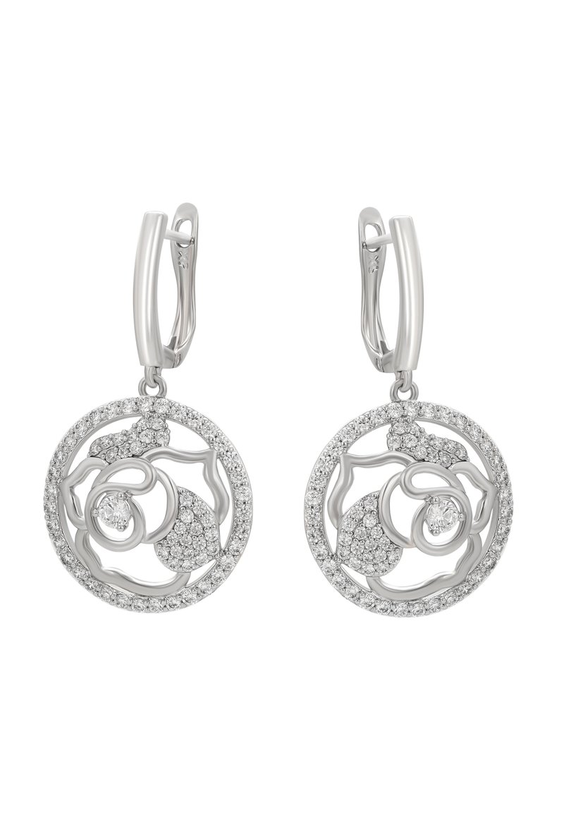 Sølvøreringe med intrikate rose-design, prydet med glitrende zirconia-accenter. Letvægts og polerede med en glat finish.