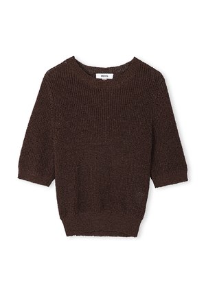 Brauner Strickpullover mit Rundhalsausschnitt, kurzen Ärmeln und geripptem Saum. Verfügt über einen strukturierten Stoff und ein lässiges Design.