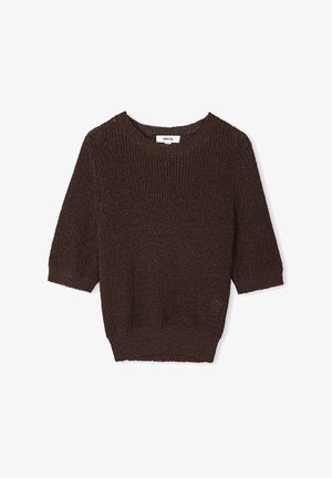 Bruine gebreide trui met een ronde hals, korte mouwen en geribde zoom. Heeft een gestructureerde stof en een ontspannen pasvorm.