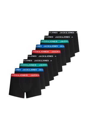 Neun Paare schwarzer Herrenboxershorts, fächerförmig angeordnet, jeweils mit einem verschiedenfarbigen elastischen Bund mit der Marke „JACK & JONES“.
