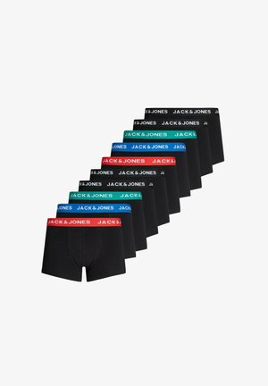 Ni par sorte herre boxershorts arrangeret i en vifte, hver med en elastisk taljebånd i forskellige farver med mærket "JACK & JONES".