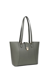 Borsa a spalla sintetica verde con forma strutturata, doppi manici, flap superiore sicuro e dettagli in metallo dorato. Superficie testurizzata.
