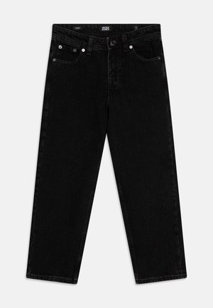Black straight-leg jeans with front button and zipper, two front pockets, and belt loops, laid flat on a white background.