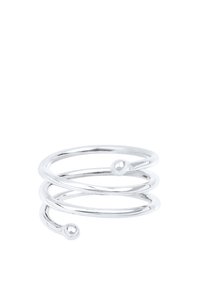 Sølv metal spiral ring med tre løkker, glat overflade og to afrundede ender, hvilket skaber et minimalistisk design.