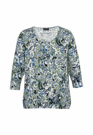 Dames top met lange mouwen met blauw, groen en zwart paisley bloemenpatroon en ronde halslijn.