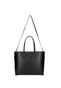 Černá kožená taška přes rameno s dvojitými horními uchy a odnímatelným popruhem na rameno. Obsahuje červený interiér a nenápadné logo na přední straně.