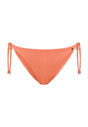Peach-colored bikini bottom made of textured fabric with adjustable side ties and metal accent details. Features a classic cut and smooth lining.