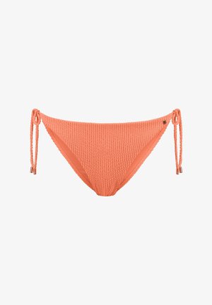 Peach-colored bikini bottom made of textured fabric with adjustable side ties and metal accent details. Features a classic cut and smooth lining.