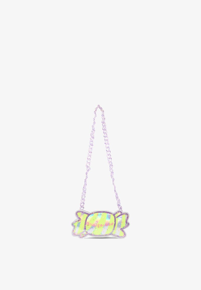 Petit sac à main irisé en forme de bonbon emballé avec une chaîne violette et le texte rose "Bubblebush" sur fond blanc.