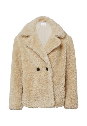 Cremefarbene, plüschige Kunstschafsfelljacke mit breiten Revers, langen Ärmeln und zwei dunkelknöpfen auf der Vorderseite.