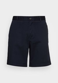 Shorts bleu marine en coton mélangé, dotés d'une fermeture à bouton, d'un devant plat et de bords ourlés, sans motifs ni accents.