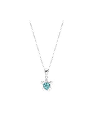 Zilveren schildpadbedel met een hartvormige aqua edelsteen in het midden. Beschikt over een delicate ketting en een gladde gepolijste afwerking.