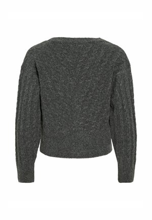 Suéter de punto gris, con un patrón texturizado, mangas anchas y un diseño corto con un sutil escote en V en la parte posterior.