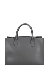 Grijze leren tote bag met een gestructureerde vorm, dubbele handgrepen, textuur oppervlak en een minimalistisch ontwerp. Kenmerkt zich door stiksels.