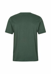 Temno zelena majica s kratkimi rokavi in okroglim ovratnikom, prikazana od zadaj, z enakomerno tkanino in preprostimi šivi.