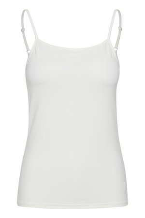 Weißes, tailliertes Trägershirt mit dünnen, verstellbaren Trägern, glatter Textur und einem schlichten, nahtlosen Design. Keine Muster oder Verzierungen.