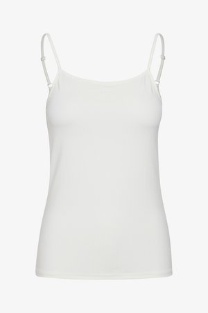 Weißes, tailliertes Trägershirt mit dünnen, verstellbaren Trägern, glatter Textur und einem schlichten, nahtlosen Design. Keine Muster oder Verzierungen.