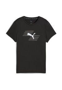 Black short-sleeve t-shirt made of lightweight fabric, featuring a white Puma logo with striped accents on the front. Round neckline.