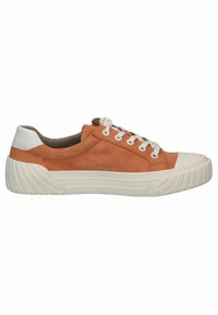Low-top sneaker with burnt orange suede upper, white rubber sole, toe cap, heel patch, and white laces.