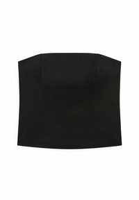 Black strapless top with a straight neckline, structured bodice, and smooth texture. No visible seams or embellishments.