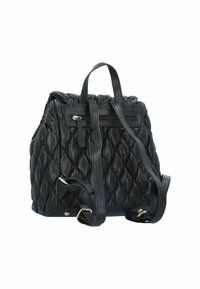 Black quilted leather backpack with dual padded shoulder straps, top handle, and zipper pocket on the front. Features gold-tone hardware accents.